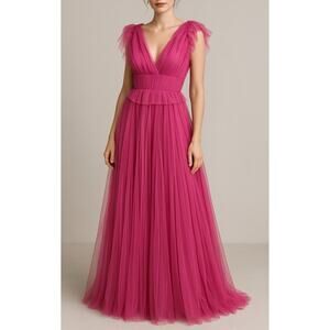 Maria Lucia Hohan Iselin Ruffle Tulle Pink Maxi Dress Size 4